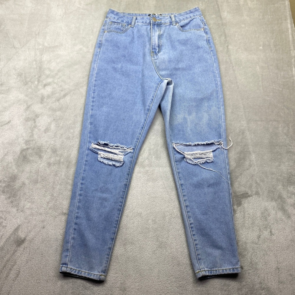 Boohoo Blue Light‎ Wash Distressed High Rise Mom Jeans Women Size US 8 Fits 28"